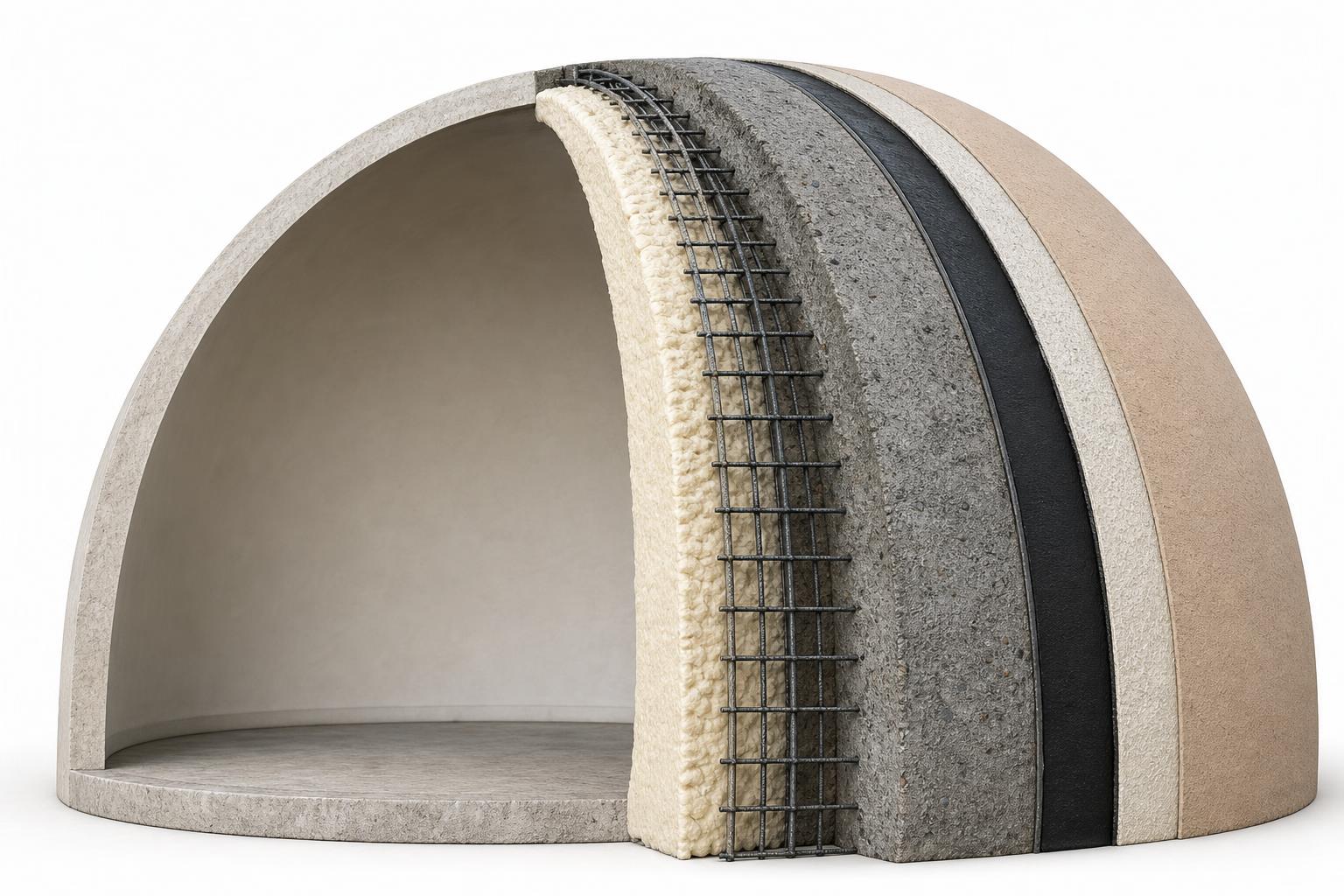 Cross-section of the monolithic dome shell showing rebar, concrete and insulation layers